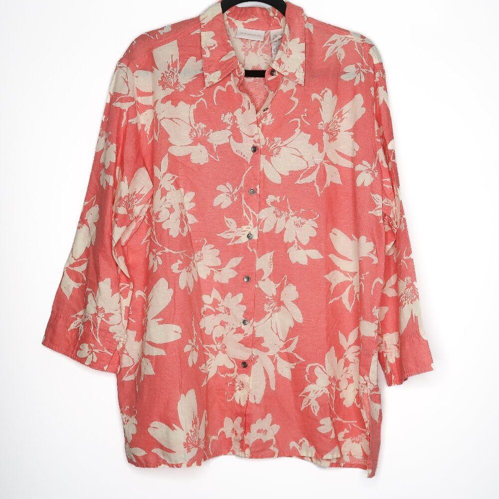 Liz Claiborne Pink White Floral Linen Blend Print Button Up Blouse Size XL
